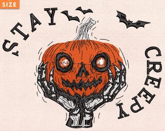 Stay Creepy刺繍デザイン、レトロな滴るハートのハロウィンステッチファイル、骸骨の手刺繍、即時ダウンロード