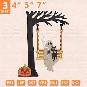 May include: An embroidery design featuring a black tree with a gold swing, a beige ghost holding a steaming mug, a black cat, and an orange jack-o'-lantern. The text 3 4" 5" 7" appears at the top, with file formats PES, JEF, DST, VP3, HUS, EXP, XXX below.
