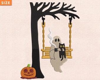 Chilling Ghost on Swing Embroidery Design, Halloween Ghost Stitch File, Instant Download