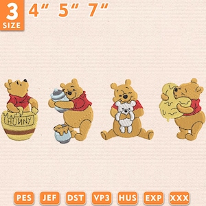 以下が含まれることがあります： さまざまなポーズの刺繍されたくまのプーさんのデザイン。各キャラクターは赤いシャツを着ています。サイズは7.6 cm、10.2 cm、12.7 cm、17.8 cmと表示されています。「SIZE」という単語が左上にあります。刺繍ファイル形式が一覧表示されています。