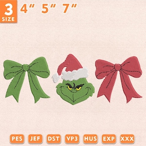 Könnte beinhalten: Ein Stickmuster mit einer grünen Schleife, einem grünen Gesicht mit rot-weißem Weihnachtsmannmütze und einer roten Schleife. Der Text 3 SIZE 4" 5" 7" steht oben, und die Dateiformate PES, JEF, DST, VP3, HUS, EXP, XXX sind unten aufgeführt.