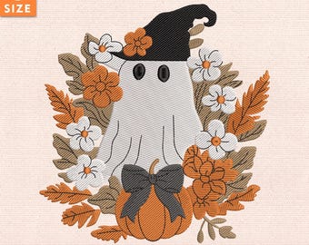 Desenho de bordado de fantasma florido fofo, ponto assustador de outono com abóboras e folhas, arquivo de bordado de fantasma de Halloween, download instantâneo