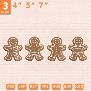 Puede incluir: Cuatro diseños de bordado de hombre de jengibre marrón con detalles de glaseado blanco. El texto 3 SIZE 4" 5" 7" aparece en la parte superior y los formatos de archivo PES, JEF, DST, VP3, HUS, EXP, XXX en botones rectangulares naranjas.