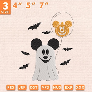 May include: An embroidery design featuring a white ghost with black ears, holding a balloon shaped like an orange pumpkin with mouse ears. The design includes five black bats and text indicating sizes 3, 4, 5, and 7 inches, plus file formats.