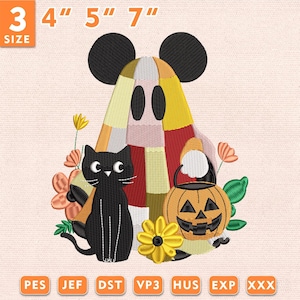 Patchwork Ghost Mouse Embroidery Design, Cute Halloween Embroidery File, Pumpkin Cat Machine Embroidery, Instant Download