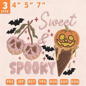 Op de afbeelding: Een borduurontwerp met twee roze geglazuurde kersen met schedelachtige details, een pompoen-ijshoorntje, zwarte vleermuizen en kleine rode sterren. De tekst luidt Sweet & SPOOKY. Bevat de maataanduidingen 3, 4, 5, 7 inch.