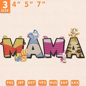 Mother Day Embroidery Design, Cartoon Mama Embroidery Design, Cute Honey Bear And Friend Embroidery Design, Instant Download
