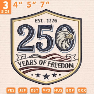Plik z haftem "250 lat wolności", patriotyczny wzór z głową orła, wzór ściegu rocznicowego USA 1776-2026, natychmiastowe pobranie