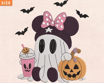 ブージーゴースト刺繍デザイン、かわいいハロウィンコーヒーステッチファイル、不気味な秋の美学、即時ダウンロード