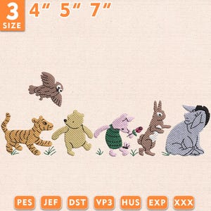 Puede incluir: Diseño bordado con personajes de un cuento infantil. El diseño incluye un tigre, un oso, un cerdo, un conejo, un búho y un burro. Las opciones de tamaño son 7.6 cm, 10.2 cm, 12.7 cm y 17.8 cm de altura. El diseño está sobre un fondo crema.