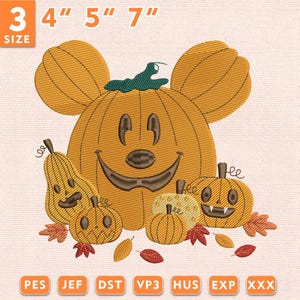May include: An embroidery design featuring a large central orange pumpkin with mouse-like ears, a dark green stem, and a smiling face. It is surrounded by four smaller pumpkins of varying shapes and colors, scattered autumn leaves, and text 3 4" 5" 7".