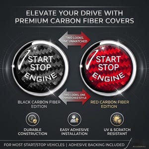 May include: Image shows two carbon fiber start/stop engine covers. One is black, the other red. Text reads "Elevate Your Drive With Premium Carbon Fiber Covers." Features include durable construction, easy adhesive installation, and UV & scratch resistance.