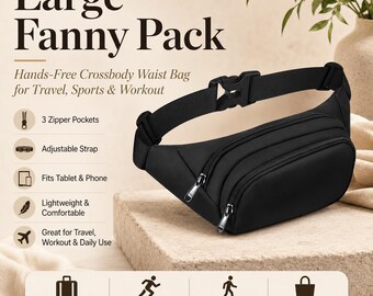 男女兼用の大型ウエストポーチ、ハンズフリーのクロスボディバッグ、ジッパー付きポケット3つ付き、旅行、スポーツ、ワークアウトなどに最適。