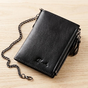 Men's PU Leather Wallet with Chain, RFID Blocking, Zipper Coin Purse (Black)