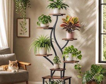6 Tier Indoor Plant Stand with Grow Light Rustic Brown