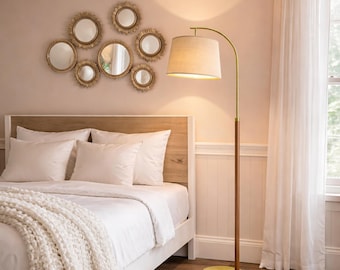Wooden Arc Floor Lamp with Linen Shade, Adjustable Head & Foot Switch