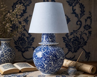 Hand Painted Ceramic Lamp, Blue White Pottery Table Lamp, Artisan Home Decor