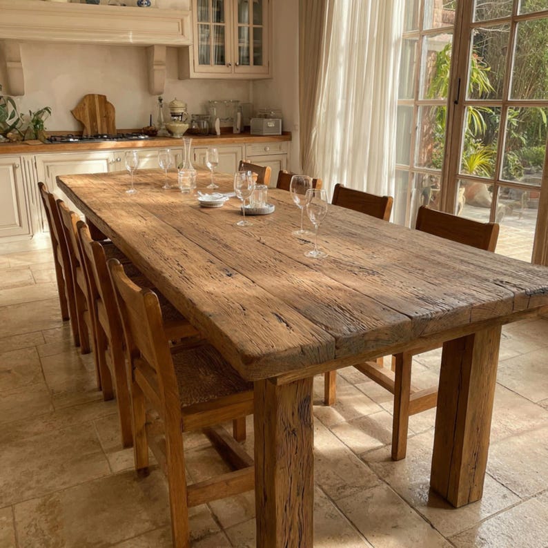 Distressed Oak Farmhouse Dining Table – Solid Live Edge Wood Kitchen ...