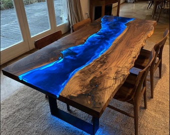 Custom Live Edge Walnut Dining Table – Blue Epoxy River Resin Furniture