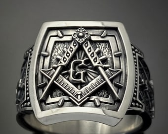 Elegante anillo de la Logia Masónica Azul en plata de ley ~ Estilo de banda 100