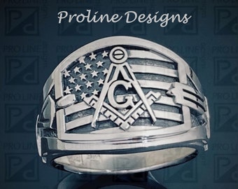 Anillo masónico con la bandera estadounidense en plata de ley ~ Estilo 027a