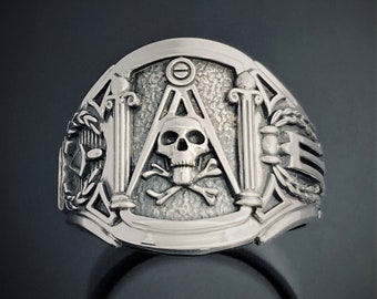 Anillo de calavera y pilar masónico en plata de ley ~ Banda de sello estilo 026S&P
