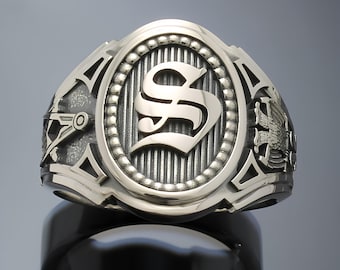 Anillo masónico de plata de ley con monograma único ~ Estilo 037
