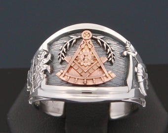 Anillo de Past Master del Rito Escocés y de los Shriner en plata de ley y oro de 18 quilates