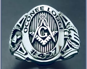 Anillo masónico de la Logia Azul con bisel personalizado en plata de ley ~ Estilo 011CB