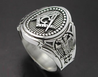 Anillo de doble águila de grado 32 del Rito Escocés en plata de ley ~ Banda de sello estilo 025