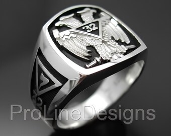 Anillo de doble águila de 32.º grado del Rito Escocés en plata de ley ~ Estilo 005B