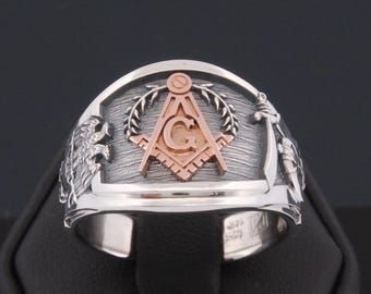 Anillo de la Logia Azul, Rito Escocés y Shriner en plata de ley y oro de 18 k