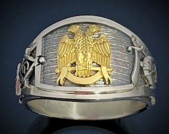 Anillo de Rito Escocés y Shriner en plata de ley y oro de 18 quilates ~ Estilo 052