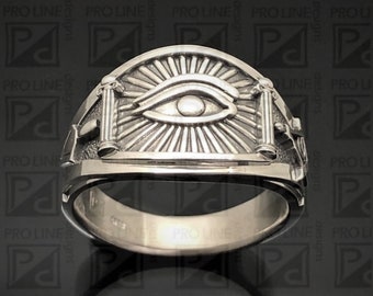 Anillo masónico de ojo vidente en plata de ley ~ Estilo banda de cigarros 048