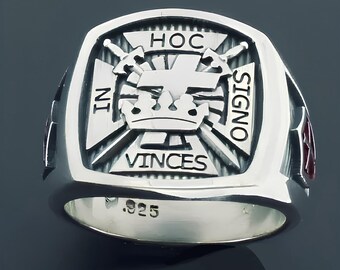 Anillo de la Cruz Masónica de los Caballeros Templarios en plata de ley con escudos rojos ~ Estilo 017R