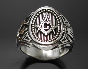 Anillo Masónico en Plata de Ley ~ Banda de Sello Estilo 011