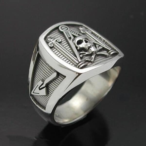 Masonic Skull and Pillar Ring in Sterling Silver ~ Style 013a