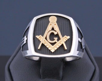 Anillo Masónico en Plata de Ley y Oro de 18k ~ Estilo 006B-TT