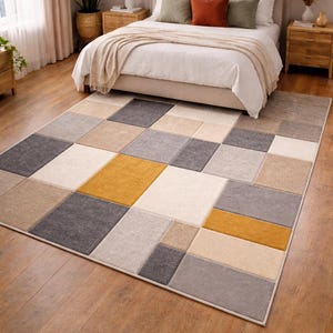 Alfombra geométrica tejida a mano, alfombra beige gris mostaza, decoración para dormitorio y sala de estar.