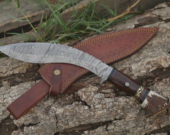 Handmade Damascus KUKRI Knife | Stag Horn and Bone Handle | Survival, Camping Knife Him Groomsmen, Anniversary Gift for him