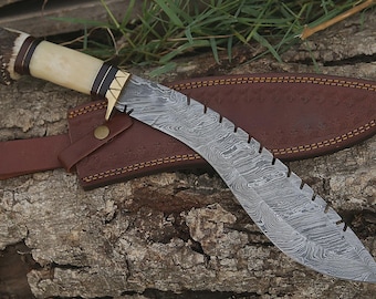 Handmade Damascus KUKRI Knife | Stag Horn and Bone Handle | Survival, Camping Knife Him Groomsmen, Anniversary Gift for him