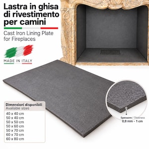 Puede incluir: Una placa de revestimiento rectangular de hierro fundido gris oscuro para chimeneas con superficie texturizada. La imagen incluye texto con los tamaños disponibles de 40 x 40 cm a 60 x 80 cm y un recuadro circular con un grosor de 0,8 mm a 1 cm.