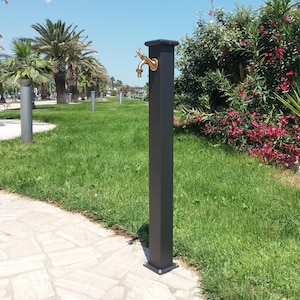 Steel Column Garden Fountain with Brass Tap – Modern Outdoor Fountain, Olimpia Model, Made in Italy