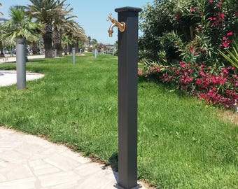 Steel Column Garden Fountain with Brass Tap – Modern Outdoor Fountain, Olimpia Model, Made in Italy