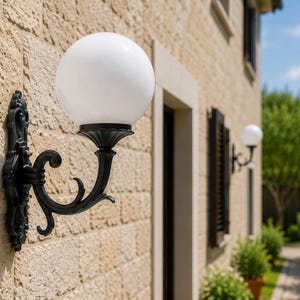 May include: Outdoor wall-mounted light fixture with a white globe shade and ornate black metal bracket. The fixture is mounted on a textured, light-colored stone wall. A second light fixture is visible in the background.