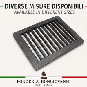 May include: A rectangular black metal floor register with parallel slats. The text DIVERSE MISURE DISPONIBILI and AVAILABLE IN DIFFERENT SIZES appears at the top. The bottom features the text FONDERIA BONGIOVANNI MADE IN ITALY with a small icon.
