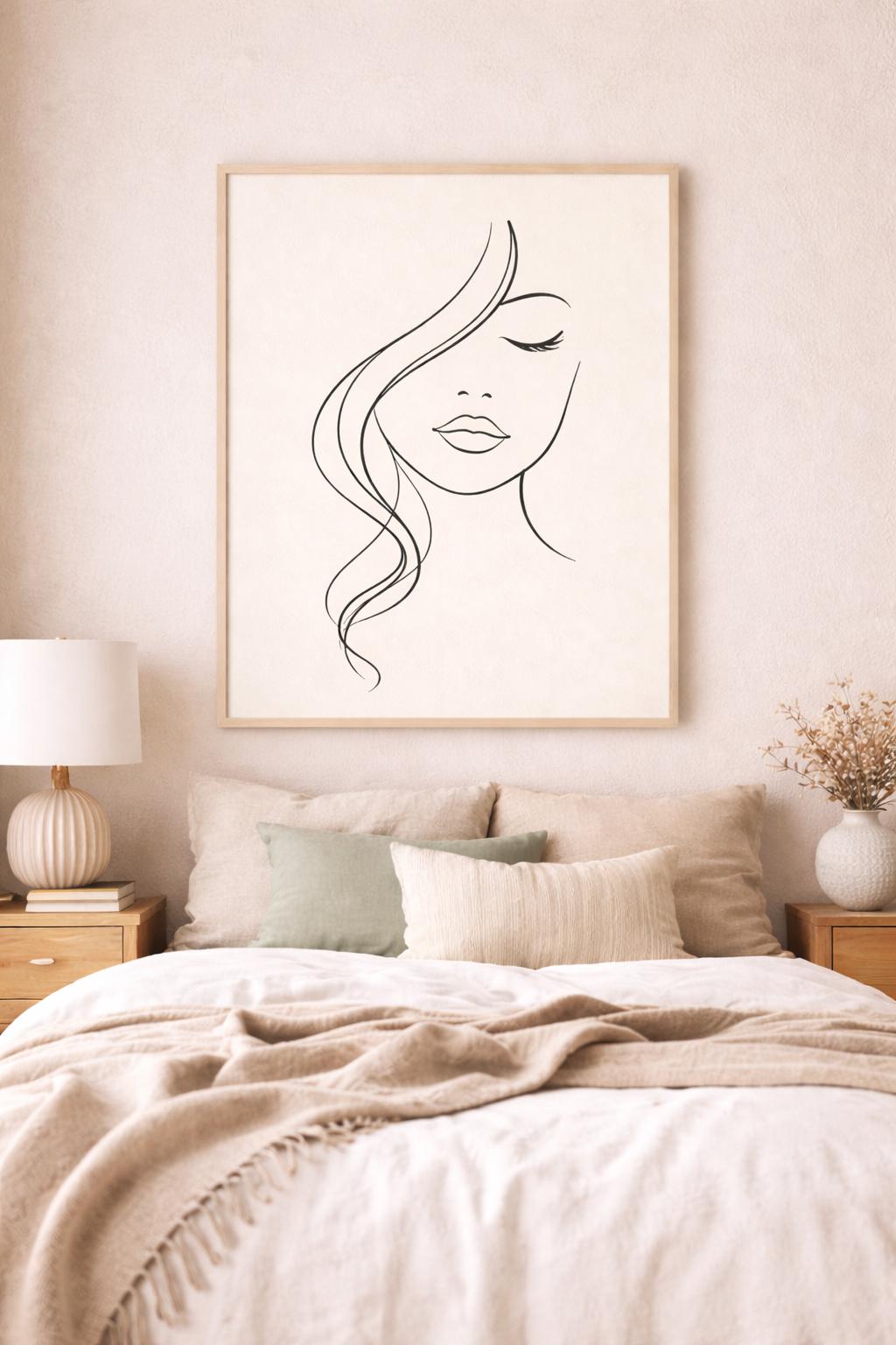 Minimalist Woman Face Line Art Print | Beige Scandinavian Decor (PNG ...