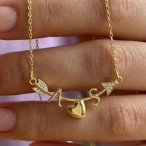 Personalized 14K Solid Gold Arrow Heart Initial Necklace, Couple Name Jewelry