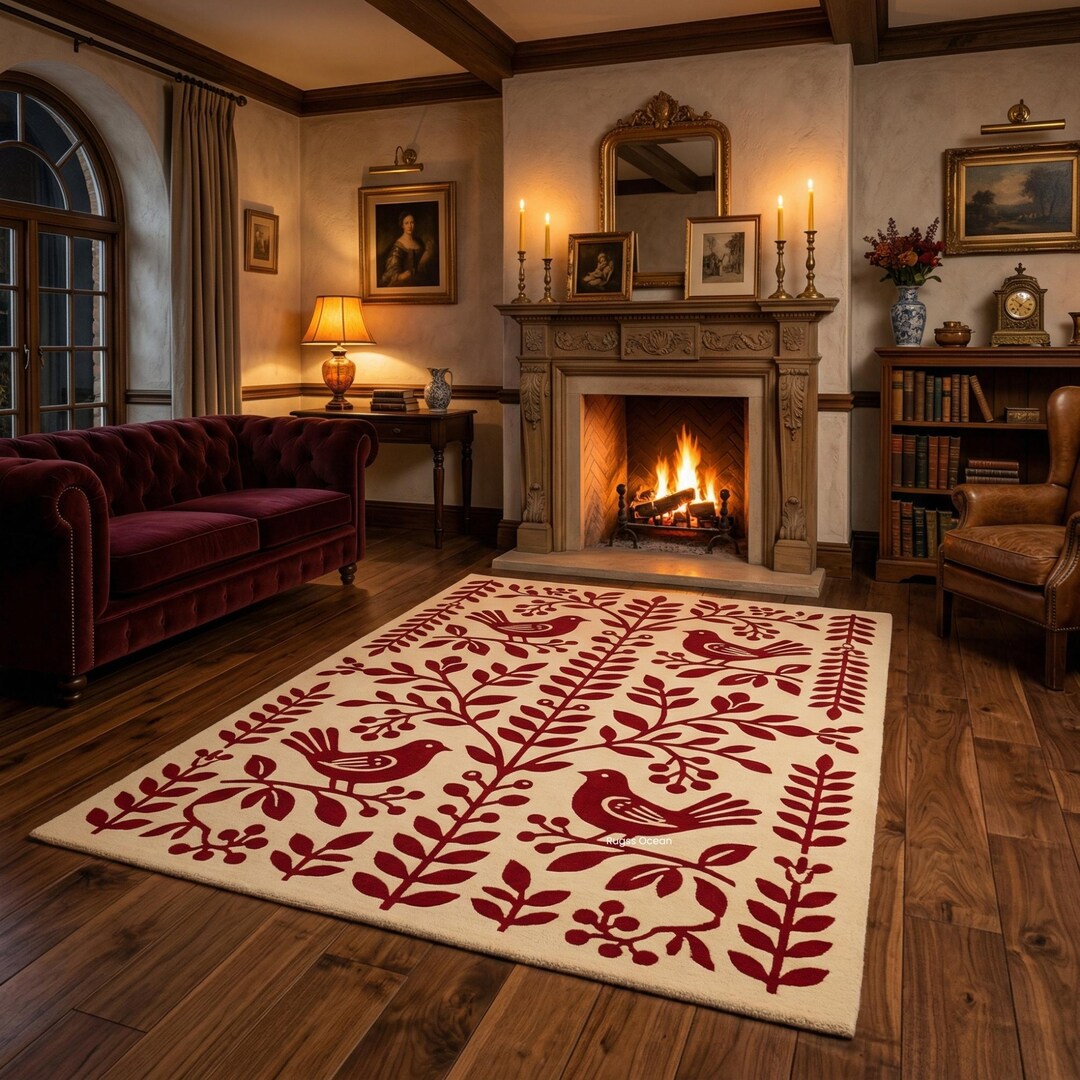 Folk Art Bird Rug Hand Tufted Wool Red Cream Scandinavian Style Area ...