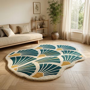 Könnte beinhalten: Ein cremefarbener, unregelmäßig geformter Teppich mit einem fächerartigen Muster in Türkis und Gold. Der Teppich liegt auf einem Holzboden in einem Wohnzimmer, mit einem Sofa und dekorativen Gegenständen im Hintergrund.